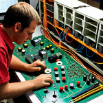 **

"A brightly lit electronics lab workbench. In the center, a technician is using a multimeter to measure the voltage across a resistor in a complex circuit board with components wired in series and parallel. Scattered around are various resistors (carbon film, metal film, wirewound), breadboards, wires, and a schematic diagram. The scene emphasizes precision and understanding of Ohm's Law. Dramatic lighting, shallow depth of field."

**