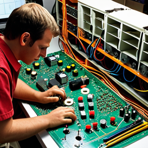 Home 4 **
"A brightly lit electronics lab workbench. In the center, a technician is using a multimeter to measure the voltage across a resistor in a complex circuit board with components wired in series and parallel. Scattered around are various resistors (carbon film, metal film, wirewound), breadboards, wires, and a schematic diagram. The scene emphasizes precision and understanding of Ohm's Law. Dramatic lighting, shallow depth of field."
**