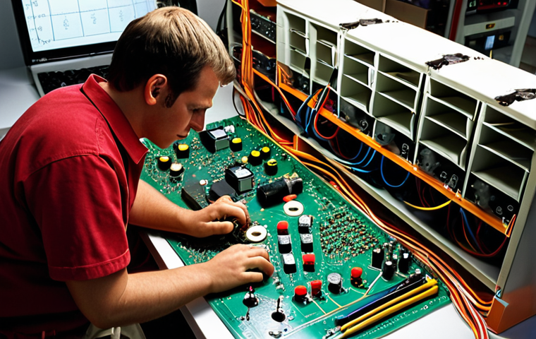 **
"A brightly lit electronics lab workbench. In the center, a technician is using a multimeter to measure the voltage across a resistor in a complex circuit board with components wired in series and parallel. Scattered around are various resistors (carbon film, metal film, wirewound), breadboards, wires, and a schematic diagram. The scene emphasizes precision and understanding of Ohm's Law. Dramatic lighting, shallow depth of field."
**