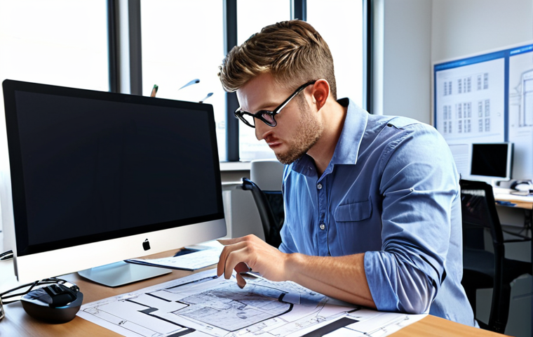 **Electrical Engineer Designing:** A focused electrical engineer working on a computer, surrounded by blueprints and technical diagrams in a bright, modern office. The scene should evoke innovation and technical expertise.
