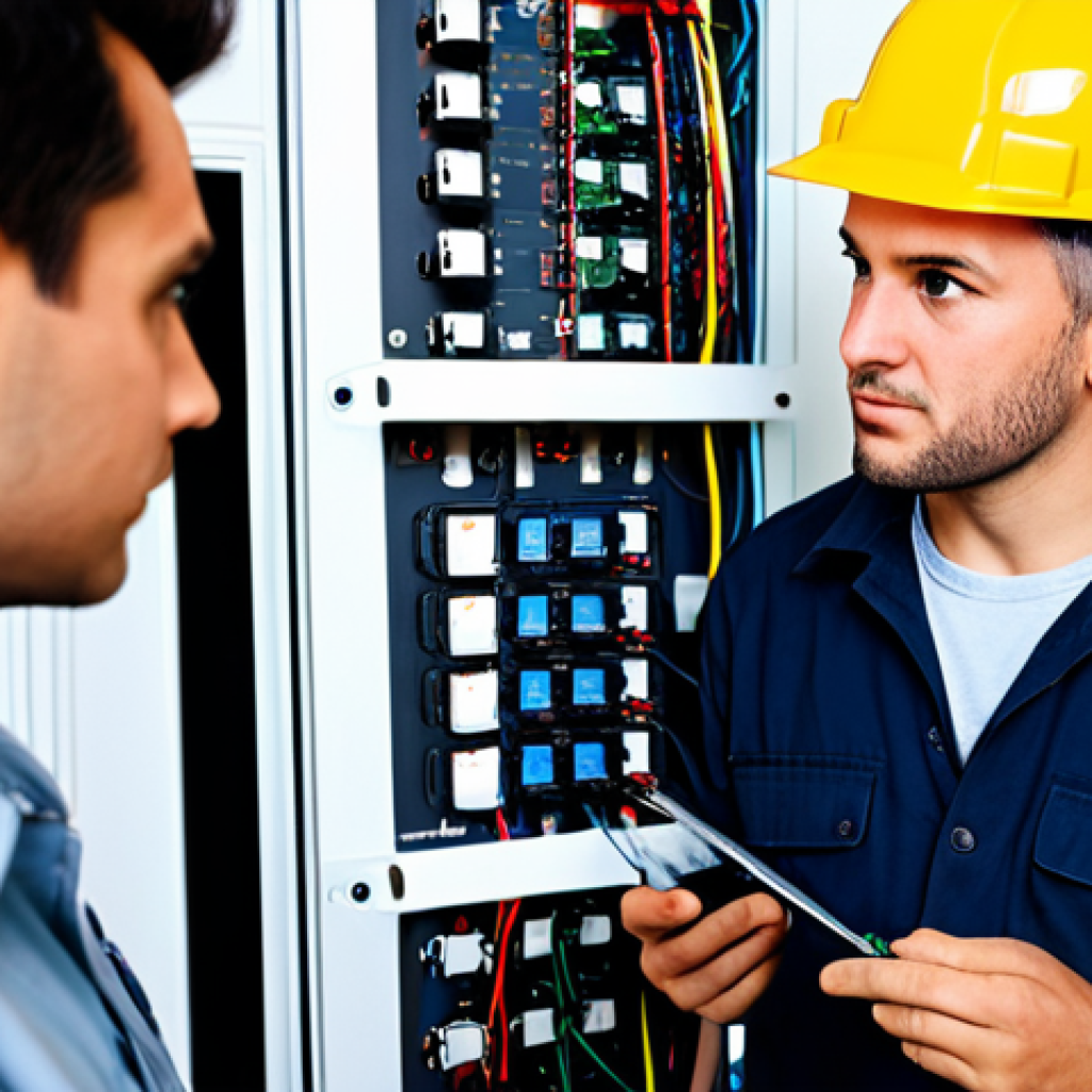 **Subject:** A professional electrician, fully clothed in work attire, inspecting electrical wiring in a modern home. **Environment:** Well-lit residential setting with visible electrical panel. **Quality Modifiers:**  High-resolution, professional photography, perfect anatomy, correct proportions, natural pose, well-formed hands, proper finger count. **Safety:** safe for work, appropriate content, fully clothed, professional, modest, family-friendly.