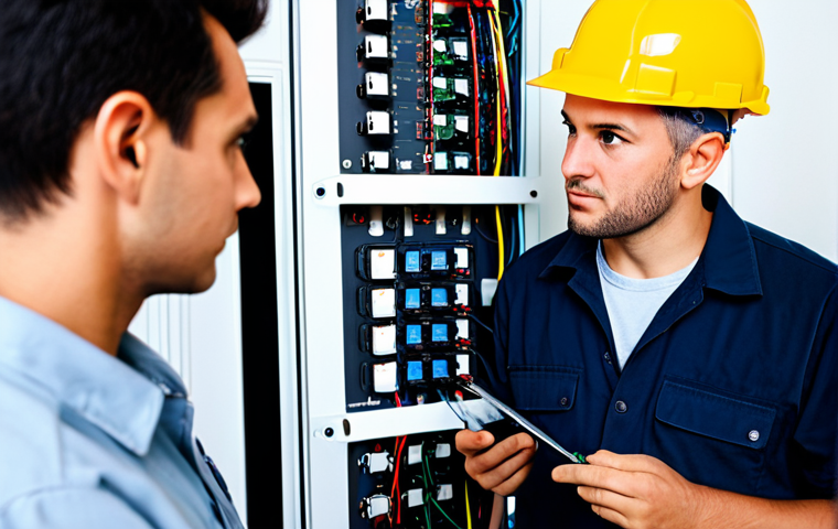 **Subject:** A professional electrician, fully clothed in work attire, inspecting electrical wiring in a modern home. **Environment:** Well-lit residential setting with visible electrical panel. **Quality Modifiers:**  High-resolution, professional photography, perfect anatomy, correct proportions, natural pose, well-formed hands, proper finger count. **Safety:** safe for work, appropriate content, fully clothed, professional, modest, family-friendly.