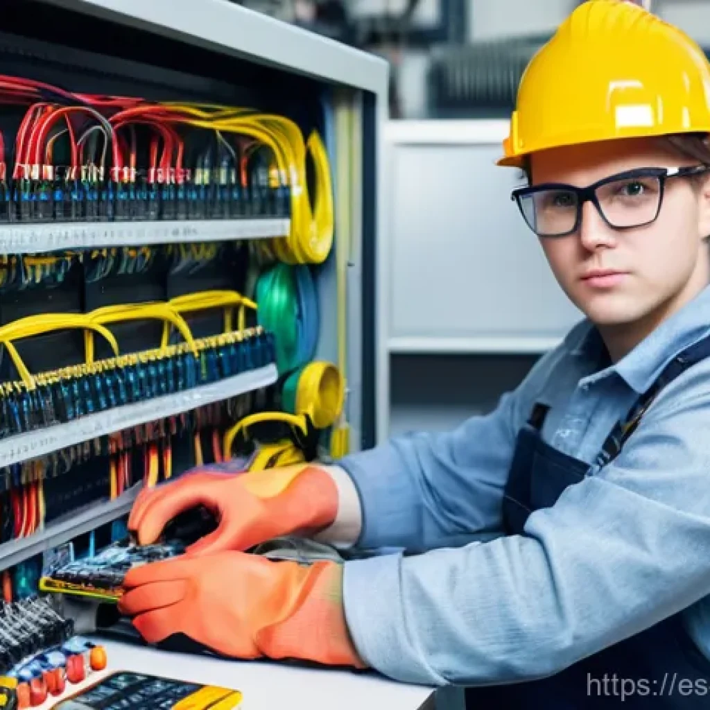 전기공사 실기 시험 체크리스트 - A young, enthusiastic apprentice electrician, wearing a practical, clean work uniform, safety glasse...