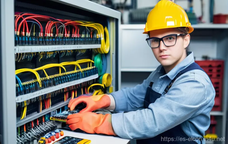 전기공사 실기 시험 체크리스트 - A young, enthusiastic apprentice electrician, wearing a practical, clean work uniform, safety glasse...