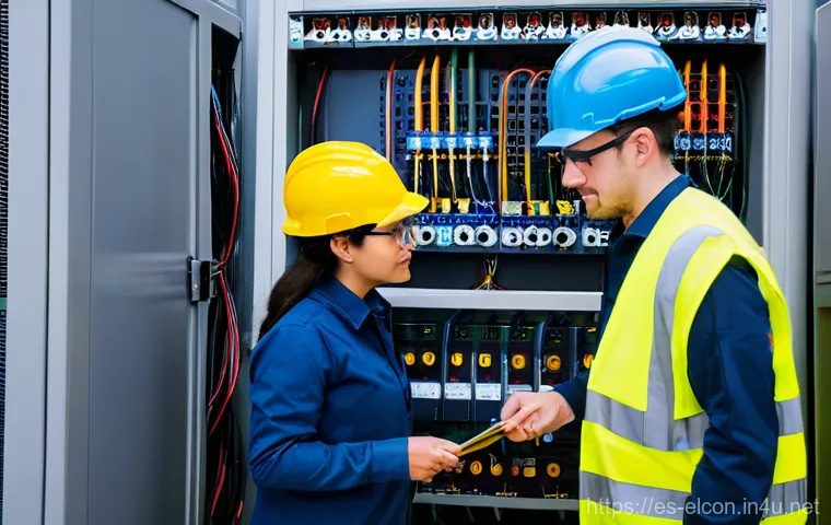 전기공사 실기 시험 체크리스트 - A young, enthusiastic apprentice electrician, wearing a practical, clean work uniform, safety glasse...