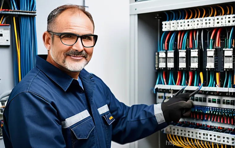 전기공사 실기 시험 체크리스트 - A diverse team of three electricians – one female, two male – collaborating on a complex industrial ...