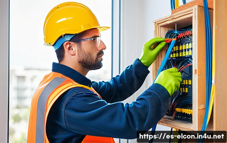전기공사기사와 타 자격증 비교 - A skilled Spanish electrical technician wearing safety gear and a high-visibility vest, working on c...