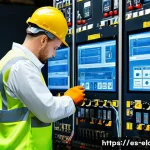 전기공사 기술자 연봉 데이터 분석 - A skilled electrical technician wearing protective workwear and safety gloves, installing complex in...