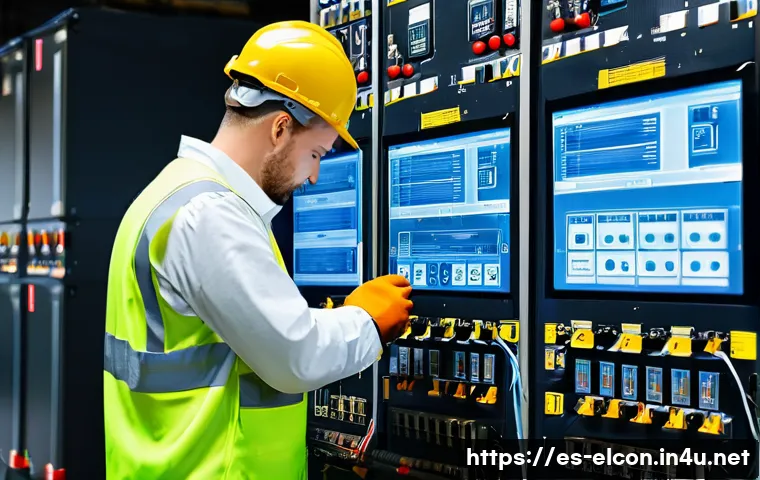 전기공사 기술자 연봉 데이터 분석 - A skilled electrical technician wearing protective workwear and safety gloves, installing complex in...