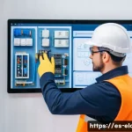 전기공사 분야에서의 자기 계발 방법 - A modern electrician in a bright workshop, wearing protective gear and smart casual clothing, progra...