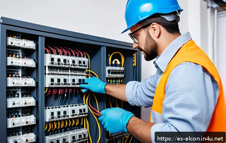 전기공사 직무에서 필요한 자격증 - A skilled electrician wearing protective gloves and safety glasses, working attentively on a modern ...