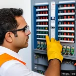전기공사 기술자들이 추천하는 자격증 - A confident Hispanic male electrical technician wearing safety glasses, insulated gloves, and a prof...