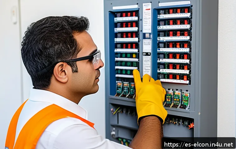 전기공사 기술자들이 추천하는 자격증 - A confident Hispanic male electrical technician wearing safety glasses, insulated gloves, and a prof...