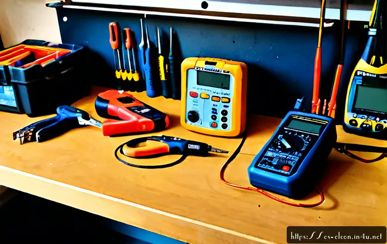 전기공사 실무에서 자주 사용하는 장비 소개 - Photorealistic electrical contractor’s workbench in a bright Spanish workshop, neatly arranged essen...